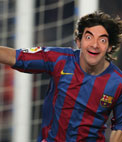 Modello per il fotomontaggio, il quale dare un volto al calciatore di prima divisione, Lionel Messi, giocatore Barca festeggiare un gol.