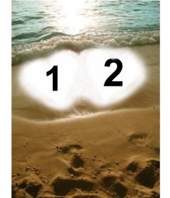 Creare un biglietto personalizzato per San Valentino online. Fondo per le due foto, mostrate con due cuori nella sabbia sulla spiaggia, come un 