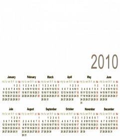 Calendario 2010 in inglese come un quadro per includere una fotografia