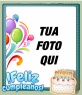 Fotomontaggio di editing facile, web gratuito, per fare un biglietto di auguri. È simile a un quadro di riferimento per la fotografia digitale, si desidera un buon compleanno con lettere blu, palloncini e una torta di compleanno con le candele.