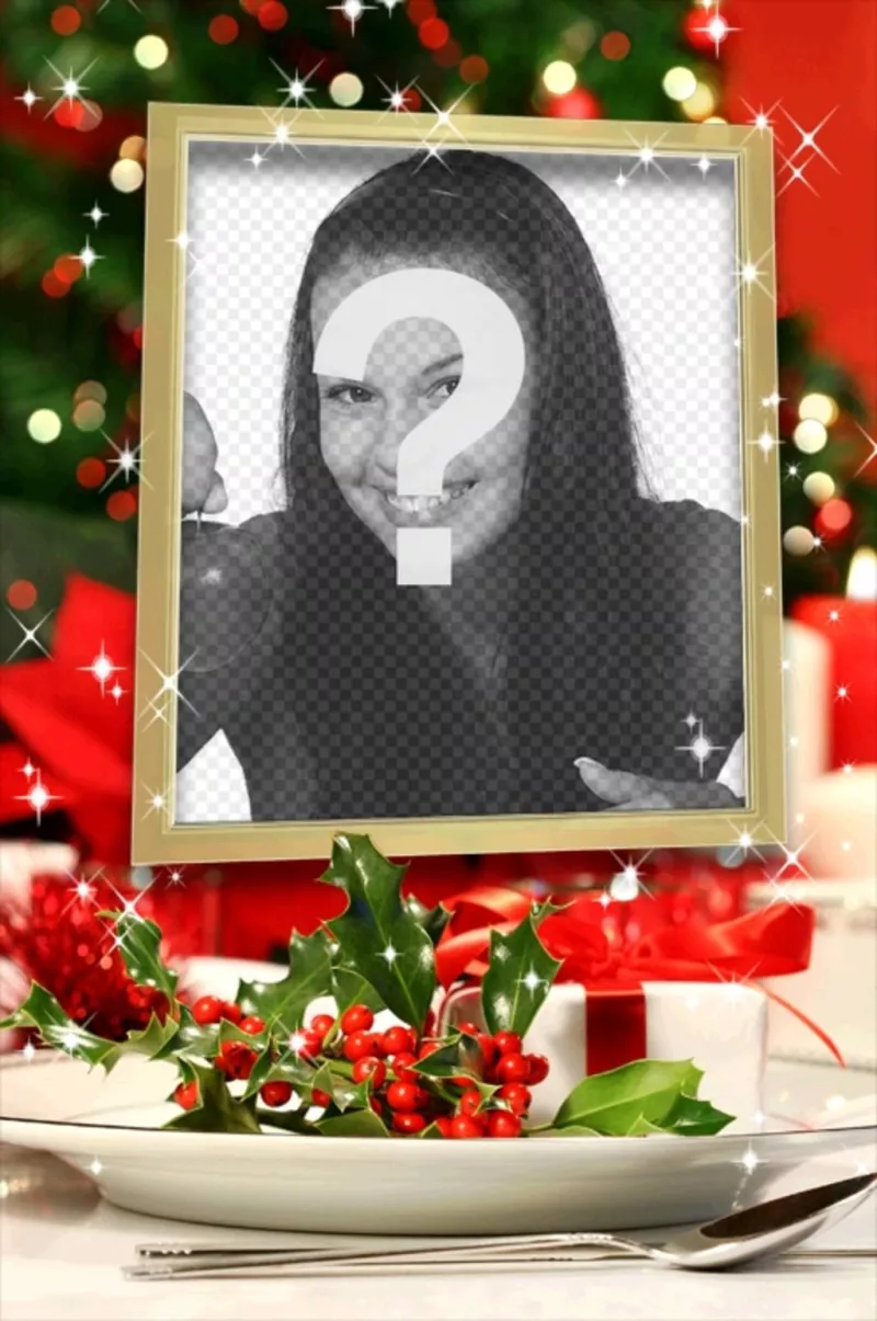 Cartolina di Natale di mettere una foto all'interno di una cornice dorata con effetti glitter e decorazioni di..