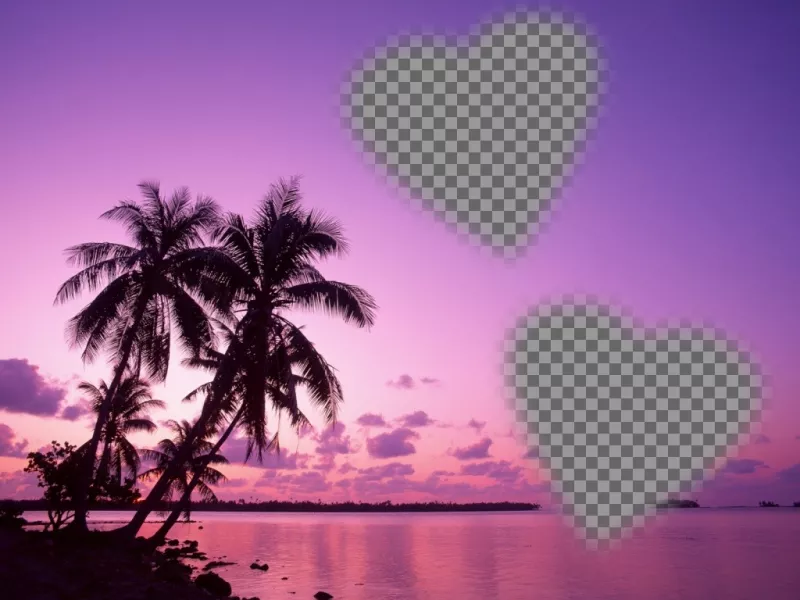 Scheda dove si può mettere due foto a forma di cuore con un paesaggio idilliaco, mare e palme nei toni del..