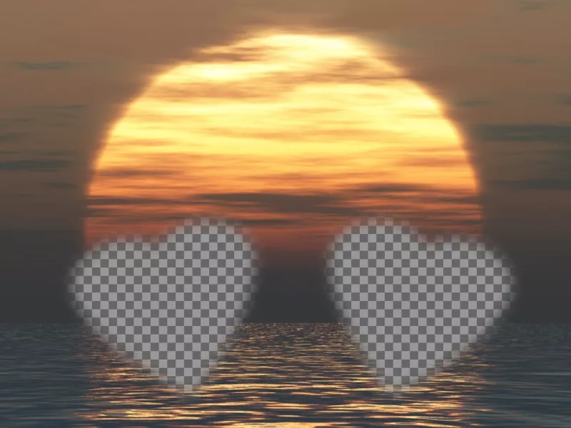 Scheda personalizzabile con due foto a forma di cuore con un tramonto e il fondo del..