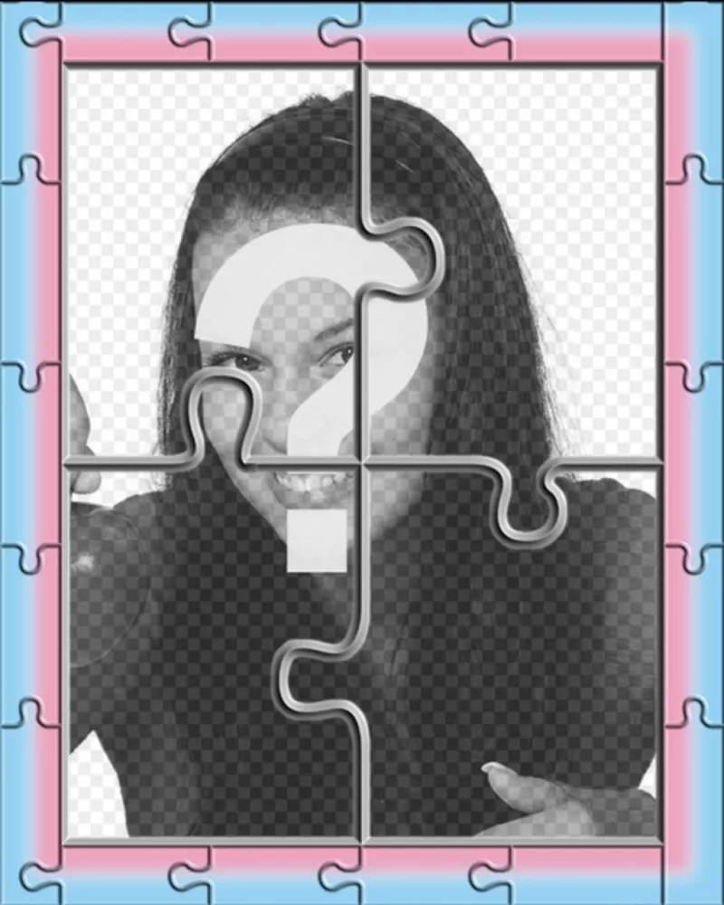 Fotomontaggio imita un puzzle di una cornice con bordo rosa e blu. Trasforma la tua foto in un..