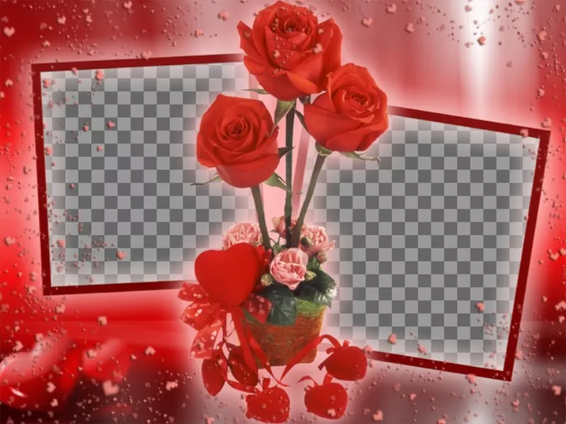 Photo frame dove si può mettere due immagini che sembrano collegati da alcune rose. sfondo rosso con i..
