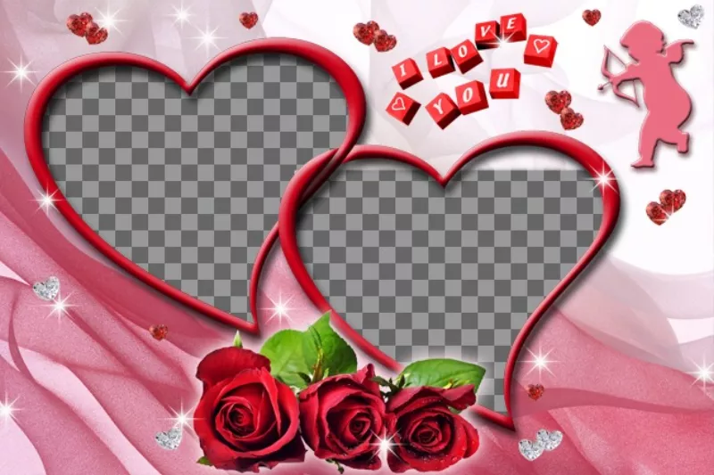 Montaggio di due foto a forma di cuore con rose e sfondo..