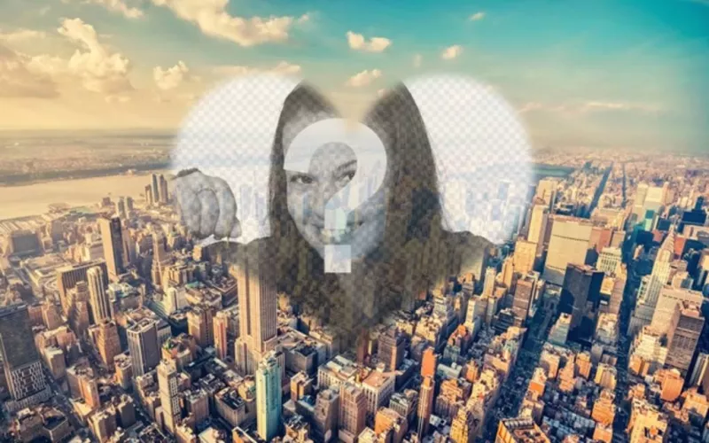 Collage con una foto di New York e la tua foto all'interno di un cuore. Creare un fotomontaggio con la tua foto in una veduta aerea di..