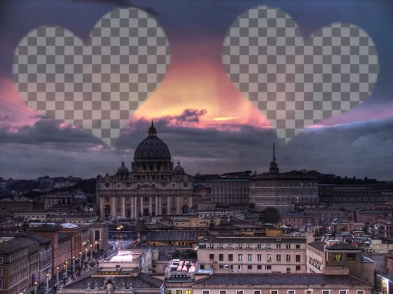 Collage di amore con una fotografia di Roma e due cuori in cui inserire la tua foto di voi e il vostro..