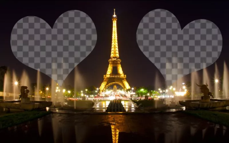 Fotomontaggio con la Torre Eiffel illuminata a Parigi e due cuori dove poter inserire le..
