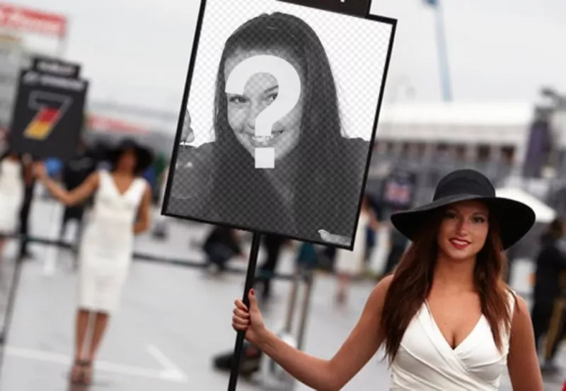 Fotomontaggio con la foto di una ragazza di Formula Uno con un segno di mettere la tua..
