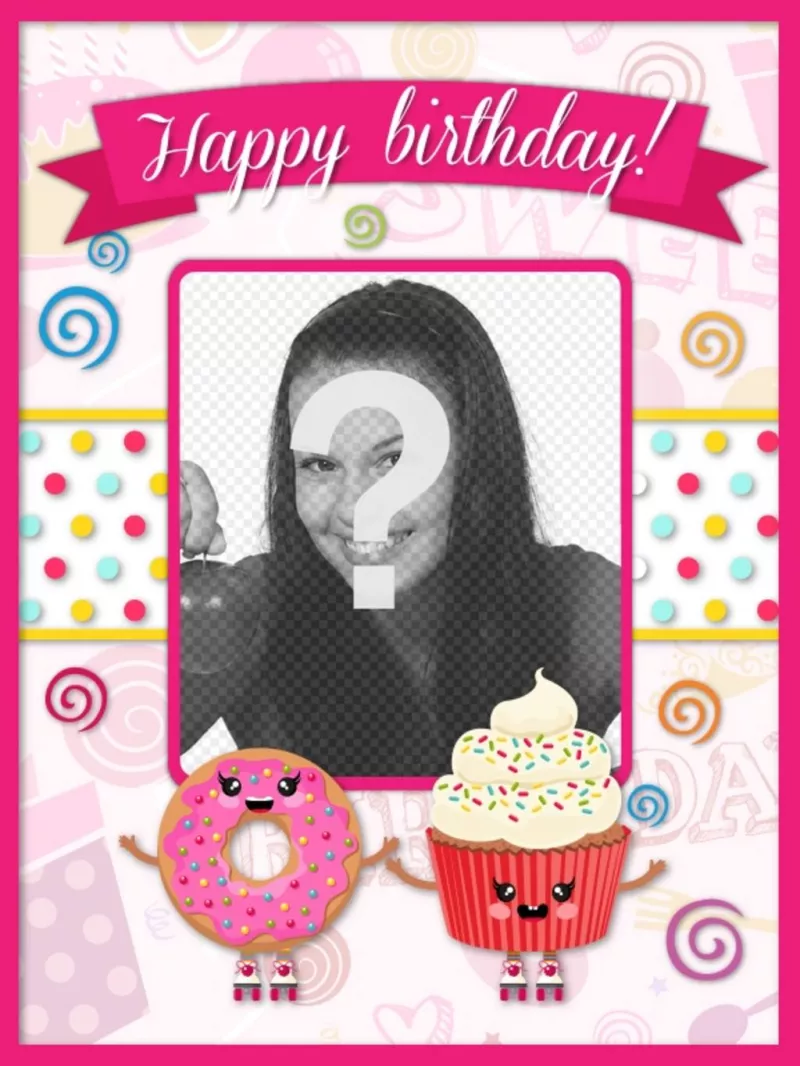 Carta di compleanno personalizzabile decorato con disegni kawaii rosa e cupcakes con volto..