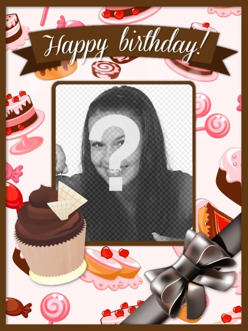 Cartolina di compleanno con una foto e personalizzare il testo e torte Cupcakes rosa e marrone e un grande..