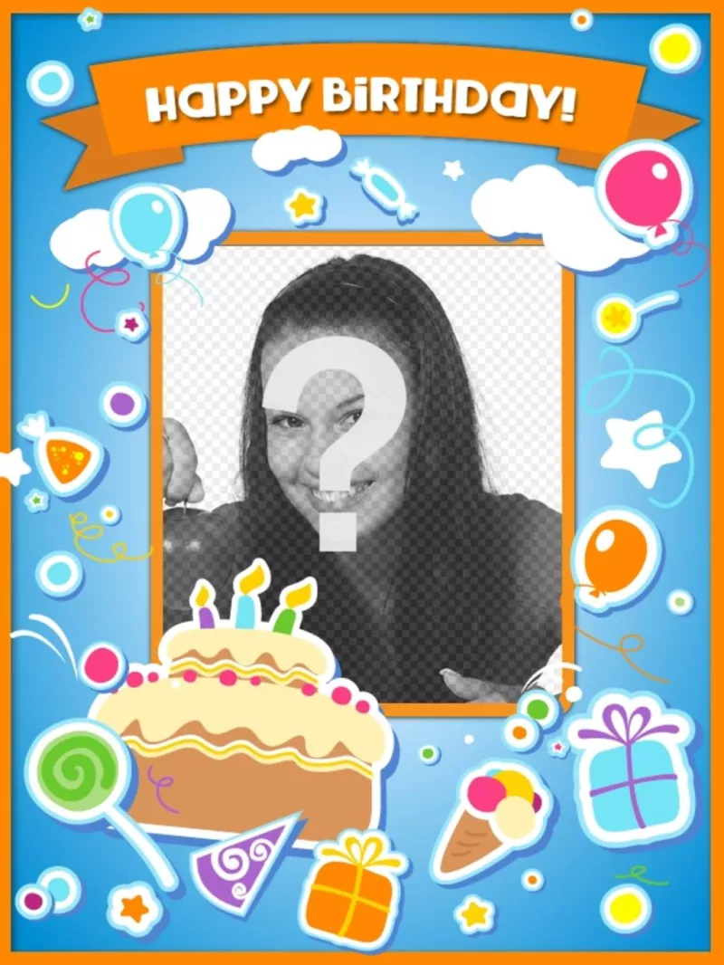 Carta di compleanno per congratularmi con il compleanno e mettere una foto online con una torta, palloncini e regali con effetto..