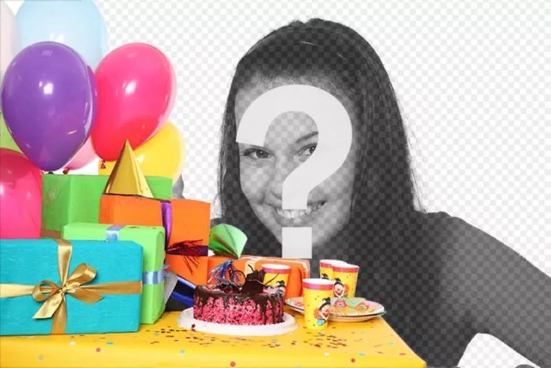 Scheda di compleanno con una festa con i regali, palloncini e una torta di aggiungere una foto e..