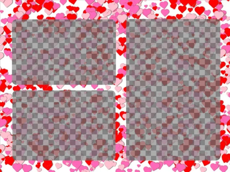 Photo frame per 3 foto di amore con piccoli cuori rossi e rose su sfondo..