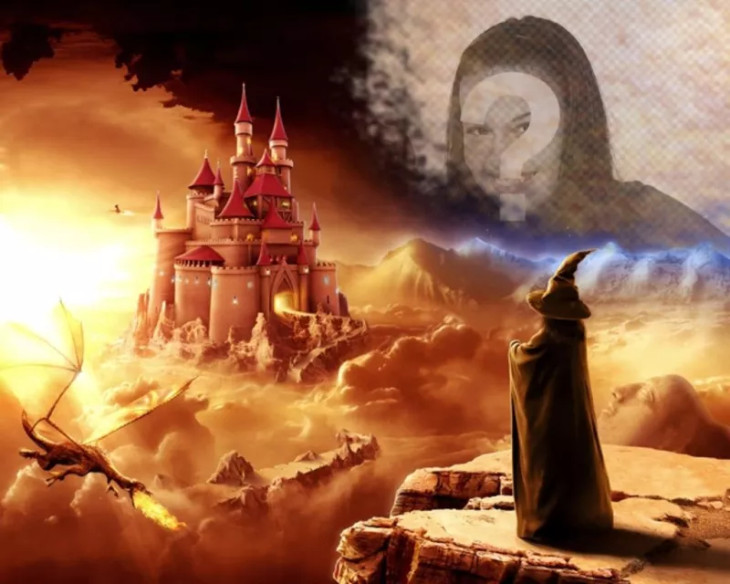 Creare un collage online in un mondo di fantasia con un mago guardando un castello e un drago. ..