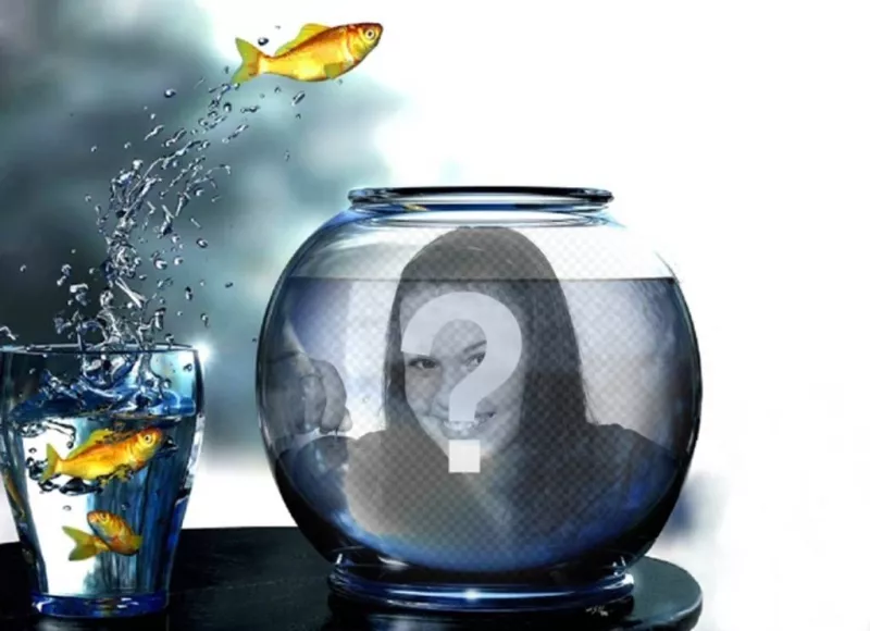 Creare un fotomontaggio con un serbatoio pieno dacqua con pesci gialli che saltano da un vetro, dove potrete mettere una..