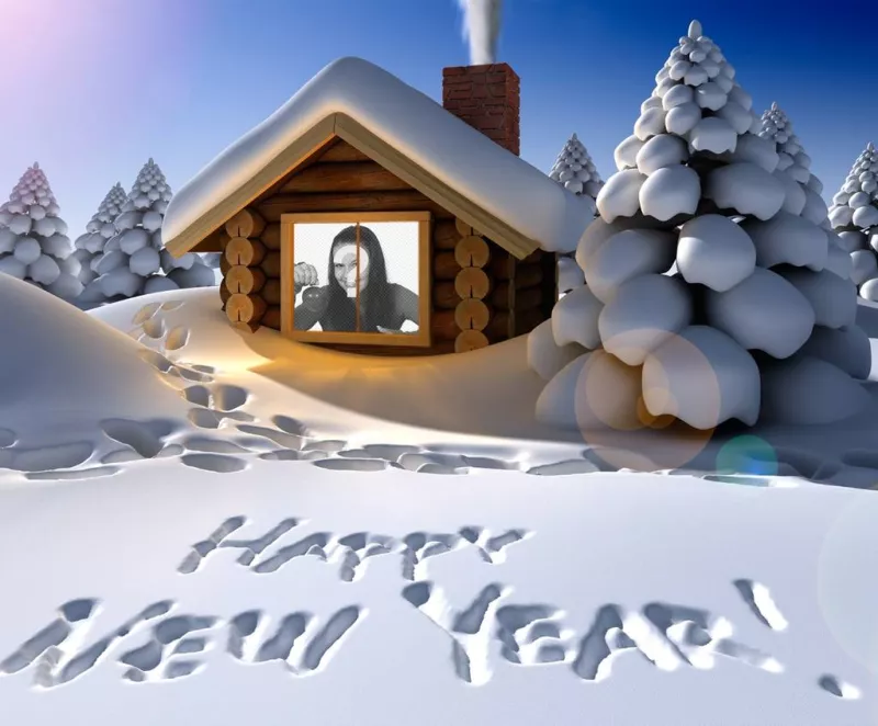 Anno nuovo biglietto di auguri originale scritto sulla neve con la tua foto allinterno di una casa di neve. ..