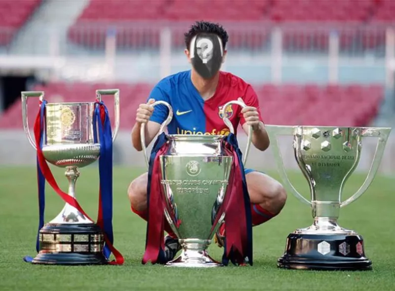 Fotomontaggio e rendere la vostra foto con la tripletta, Coppa e Champions League FC Barcelona..