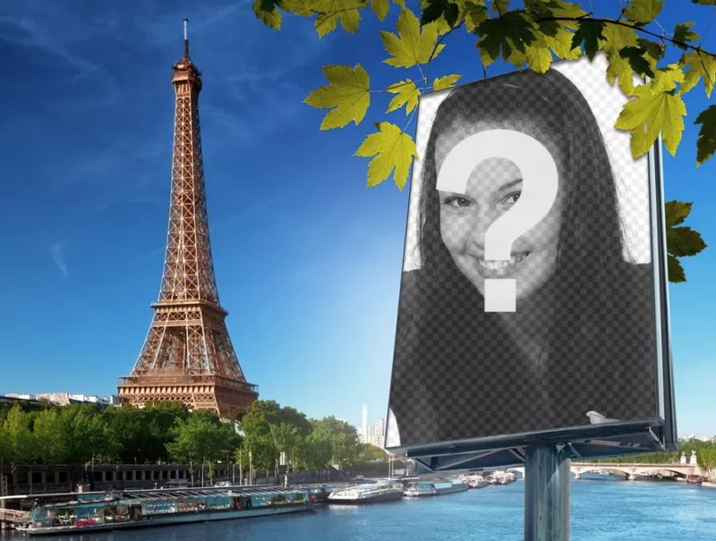 Fotomontaggio con la città di Parigi e la Torre Eiffel su sfondo di mettere la vostra foto su un cartellone. ..