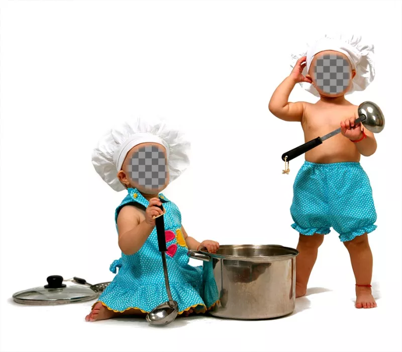 Fotomontaggio con due bambini vestiti cuocere a metterli faccia. ..