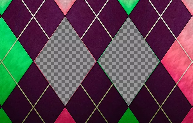 Collage di due immagini con un diamante fantasia verde, rosa e viola tweed. ..