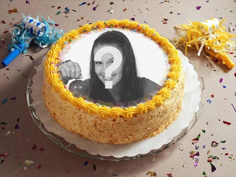Fotomontaggio con il partito, coriandoli e una torta di compleanno ..