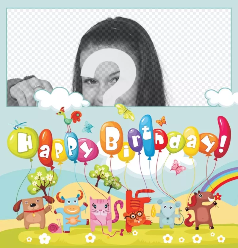 Carta colorata piena di animali e palloncini per augurare buon compleanno. Metti la tua foto sul ..