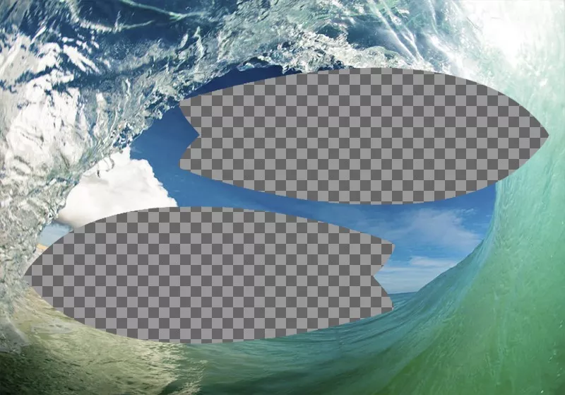 Collage di onde e surf tra due cornici a forma di tavola da surf. ..