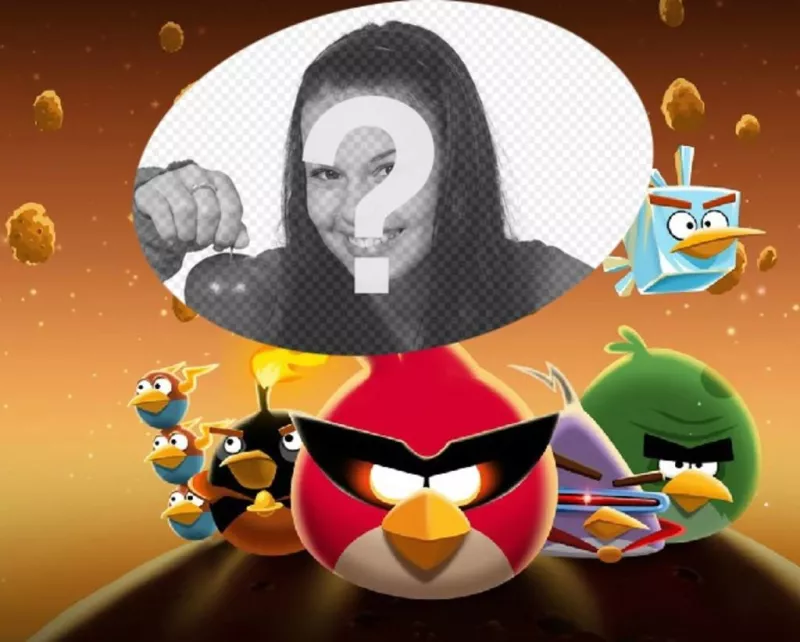 Collage su Angry Birds nello spazio con gli uccelli famosi vestito! Xxx Metti la tua foto preferita facilmente e gratuitamente in questa illustrazione di Angry Birds..