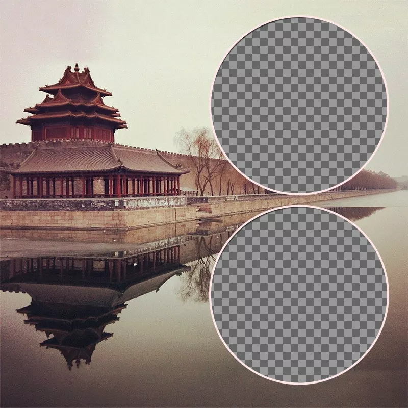 Collage di due foto con un paesaggio della Città Proibita in Cina ..