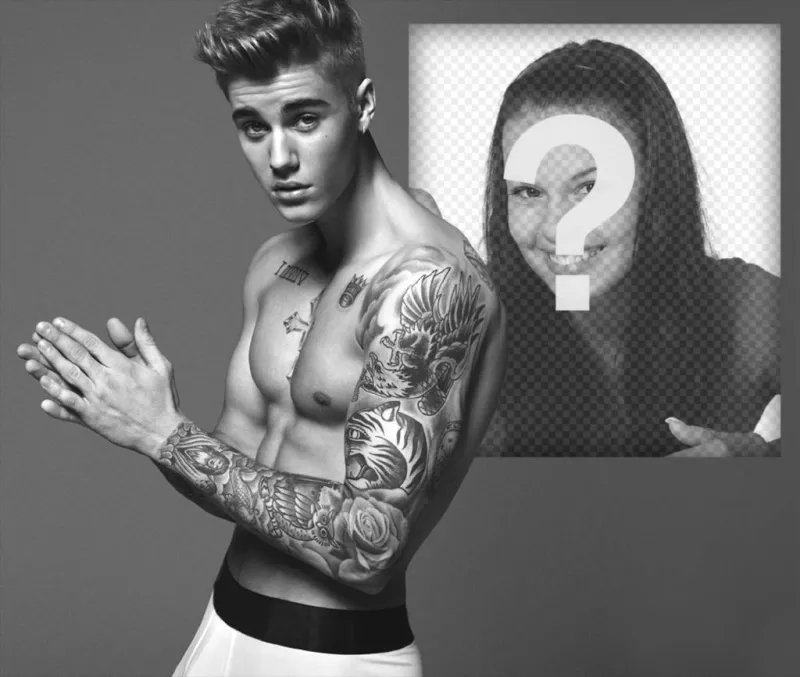 Carica la tua foto accanto a Justin Bieber che mostra i suoi tatuaggi. ..