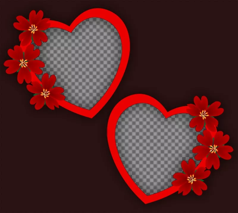 Fotomontaggio di amore con due telai di cuori e fiori per due foto ..