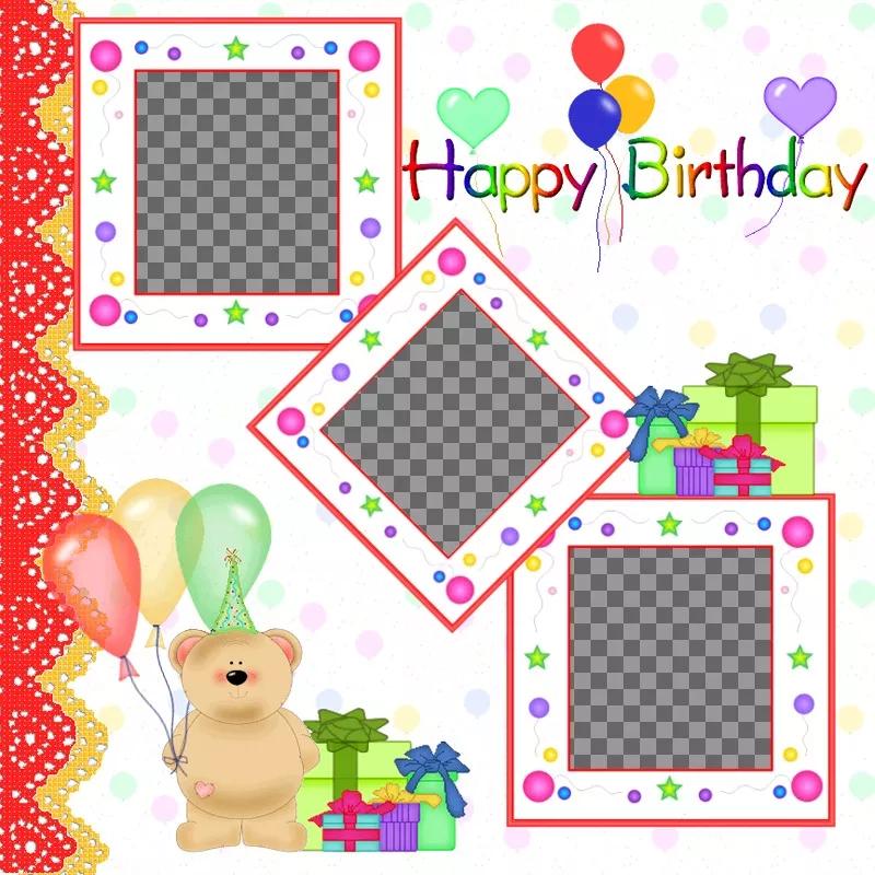 Cartolina / birthday card per 3 foto con palloncini e regali orsacchiotto..