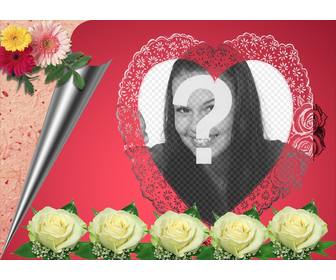 fotomontaggio costituito da rosa romantico nella foto appare in cornice forma di cuore accompagnata da fiori e carta da pacchi ideale per gli amanti per inviare e-mail di san valentino