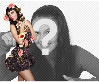 fotomontaggio cantante katy perry i fiori e stile pinup abito nero e capelli neri il botto