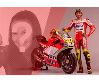 creare un fotomontaggio valentino rossi pilota di moto sua moto rosso e bianco e un filtro rosso per tua foto