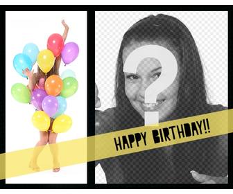 cartolina di compleanno ragazza coperta di palloncini colorati e cornice in cui e possibile inserire foto che desidera