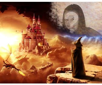 creare un collage online in un mondo di fantasia un mago guardando un castello e un drago
