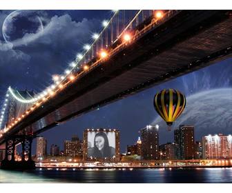 fotomontaggio un poster di un edificio accanto un pallone e un ponte