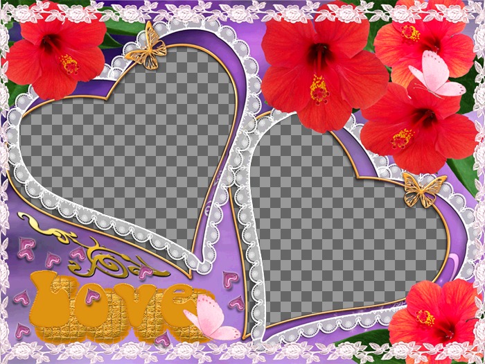 Set di due strutture della foto, a forma di cuore, fiori e farfalle apparire. Ideale per rappresentare l'amore di un partner. Violet..