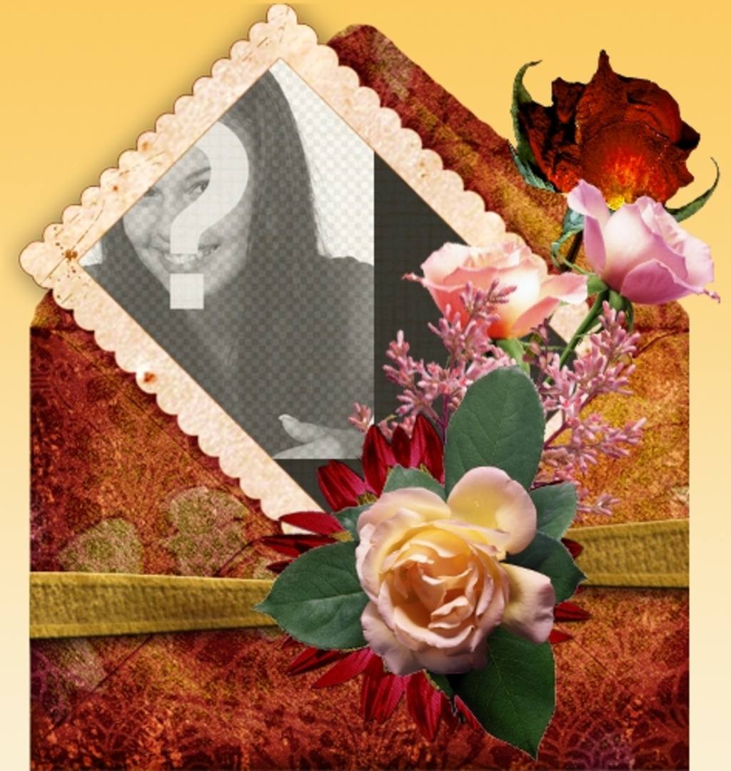 Photo frame con sfondo arancione e decorato con rose ..