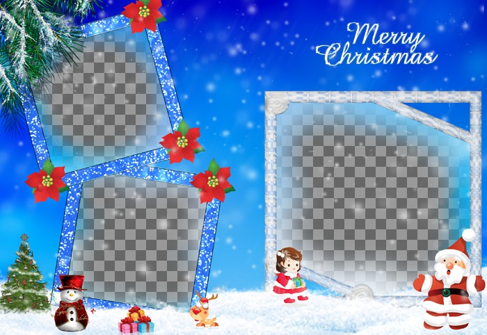 Cartolina di Natale in cui ci sono tre fotografie. Si riferisce ai doni di Babbo Natale e mostra l'albero di Natale, un pupazzo di neve e cornici blu con effetto glitter adornato con piante..
