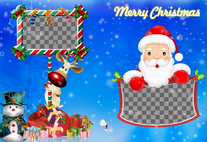 L'emblematico Rudolf e Babbo Natale hanno due cornici incluso in questo post di auguri di Natale pieghevole blu. Appare anche goodie bag da Babbo Natale e temi natalizi e..