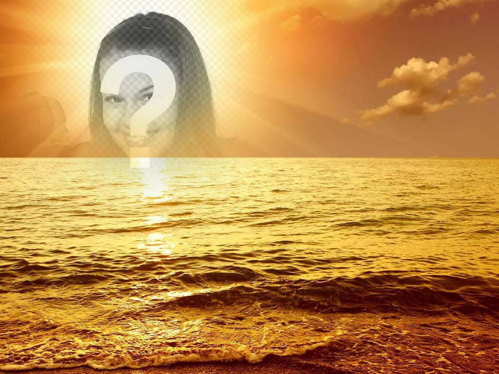 Fotomontaggio con un porto turistico tramonto, dove una faccia tagliata o immagine compare al centro del sole, la balneazione in un bagliore dorato un moto ondoso del mare..