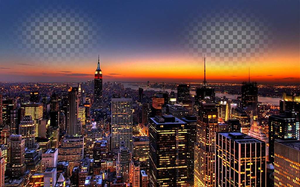 In questo collage La foto appare due volte, espressi nel cielo di New York. spettacolare immagine di un tramonto con le luci dei grattacieli..