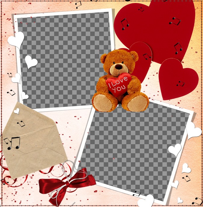 Cartolina da fare online per due foto, con la decorazione di un orsacchiotto, cuori e..