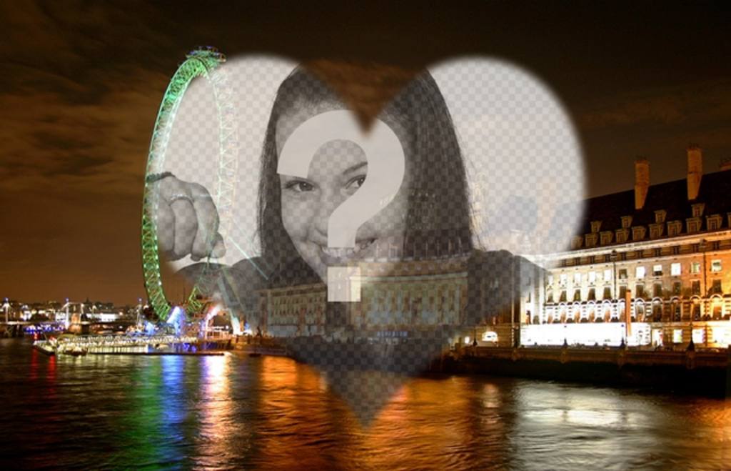 Fotomontaggio di amore a Londra con un occhio di Londra e del paesaggio a forma di cuore cornice in cui è possibile mettere la tua..