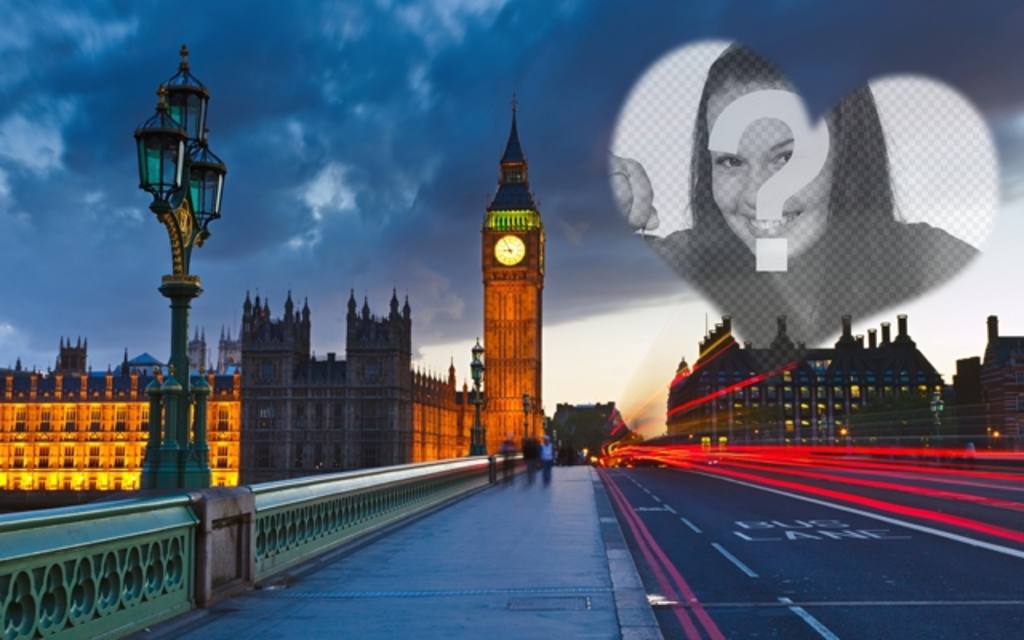 Amore fotomontaggio a Londra con il Big Ben sullo sfondo e un cuore semitrasparente per posizionare la foto che si..