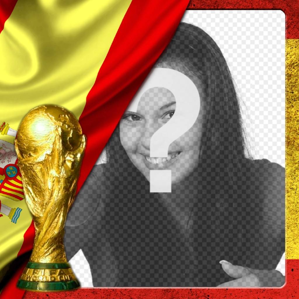 Fotomontaggio con bandiera di Spagna e la coppa del mondo per mettere la tua foto. ..